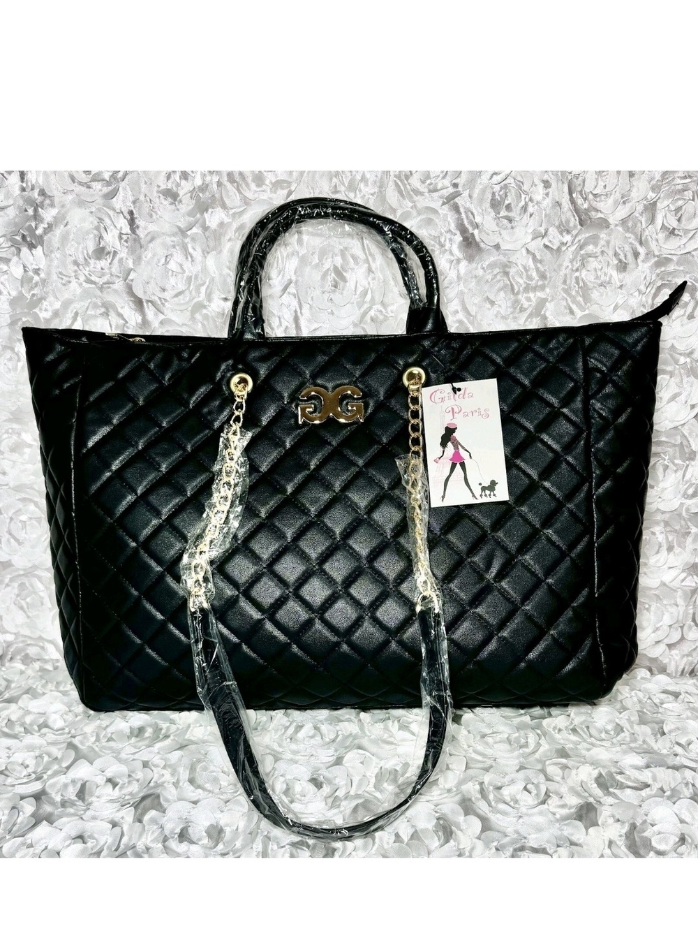 Badgley Mischka Black Quilted Tote with Gold Chain Straps